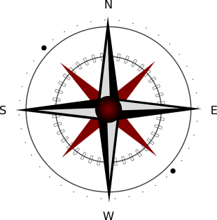A black and white compass with red cross directions.
